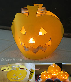 Askarteluohjeet: Halloween kurpitsalyhdyt - liimaa kurpitsat lasitölkkeihin